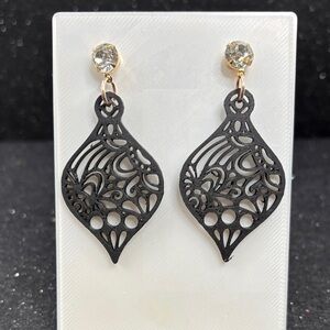 Black Filigree Teardrop Earrings with Gold Crystal Studs
